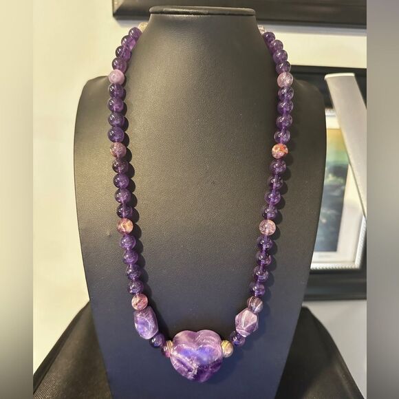 22" of ALL types of Amethyst beads, massive heart pendant necklace, 925 clasp! - Picture 15 of 15